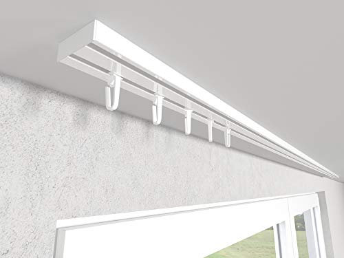 Market-Alley Vorhangschiene Aluminium Weiß Gardinenschiene ; 2-/ 3-/ 4-läufig ; 120cm-600cm. Für Kräuselband Gardinen oder Schiebevorhang (2-läufig ; 200cm ; mit Faltenlegehaken)