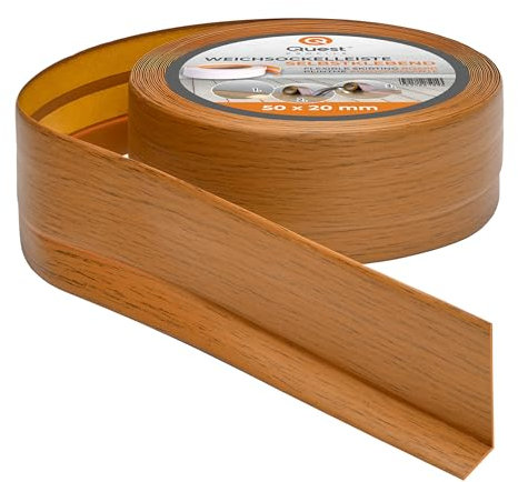 Quest Battiscopa Morbido Adesivo - 50 mm x 20 mm - Listello in PVC, Finitura Flessibile, Profilo Angolare per Cucina, Bagno, Parete, Pavimento - Decorativo (Rovere rustico, 20m)