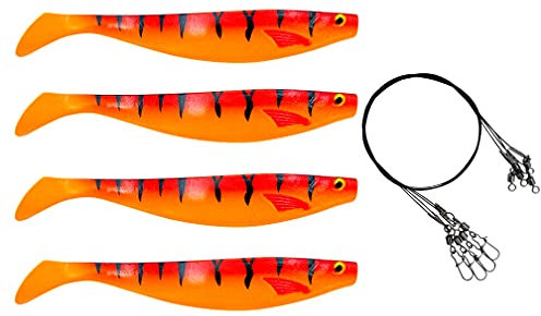 PetrisCatch 4er Firetiger rot Gummifisch Set + 4 Stahlvorfächer, 15cm, UV aktiv