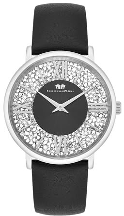 Rhodenwald & Söhne Damen Uhr analog Japan Quarz mit Echtleder schwarz Armband verziert mit Kristallen 10010331