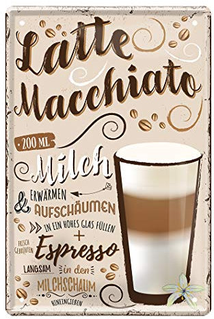 helges-shop Latte Macchiato Blechschild - Retro Deko Kaffee Espresso Schild - Metallschild zur Dekoration von Küche Kaffeeladen American Diner Cafe Bistro - Anleitung Rezept Zubereitung - 20x30cm