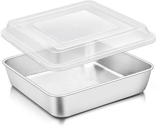 TeamFar 9 x 9 Inch Square Cake Pan, Stainless Steel Square Baking Pan with Lid for Brownie Lasagna, Non-Toxic & Heavy Duty, One Piece & Smooth, Dishwasher Safe & Easy Clean, (1 Pan + 1 Lid)