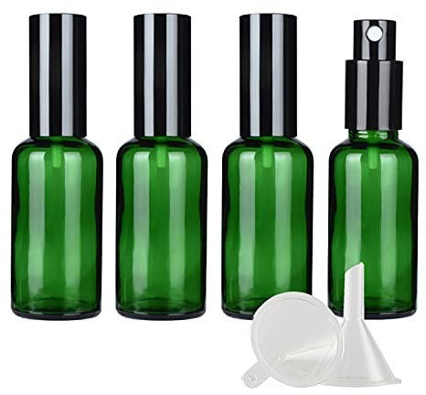 ZEOABSY 4 Pcs 50ml Empty Green Glass with Fine Mist Spray Bottles Travel Portable Small Refillable Sprayer Bottles with Black Pump Head for Cosmetic Perfume Containers, with 1x Funnel