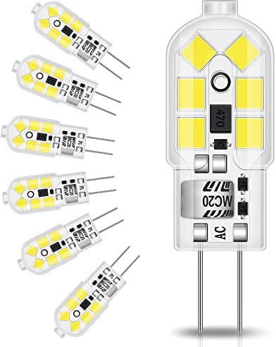 Tailcas G4 LED Light Bulbs Cool White 6000K, 1.2W 12V AC/DC, 10W Halogen Equivalent, No Flickering & Energy Saving, Bi Pin Base, Not Dimmable, Pack of 6