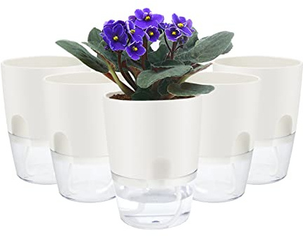 ShineMe Macetas de autorriego, paquete de 5 macetas de riego automático para plantas de interior, macetas de plástico de 4.1 pulgadas para violetas africanas, hierbas, aloe, lirio de la paz con cuerda