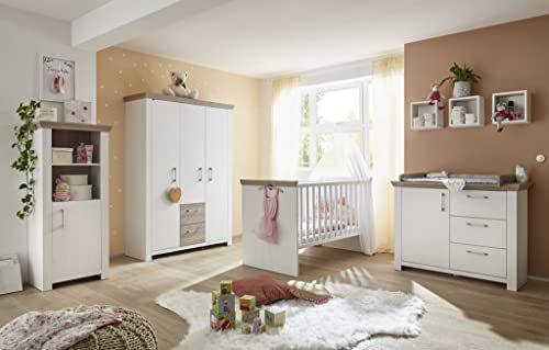 Babyzimmer New York in Anderson Pine von Mäusbacher 6 teiliges Megaset mit Schrank, Bett Umbauseiten, Lattenrost, Wickelkommode und Beistellschrank, 70 x 140 cm, 0400