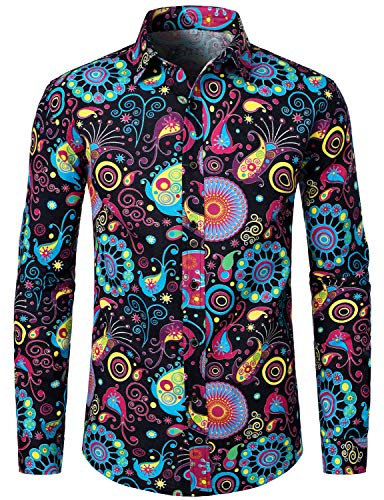 LucMatton Men's Stylish 70s Paisley Pattern Printed Linen Long Sleeve Button up Shirt Multicolor XXX-Large
