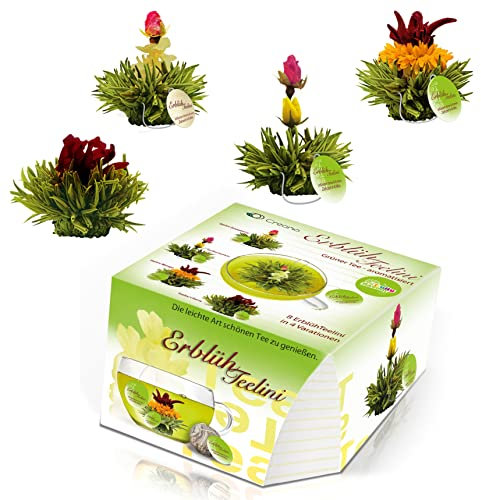Creano Teeblumen Variation im exklusiven Tassenformat ErblühTeelini - 8 Teeblüten in 4 verschiedenen Sorten (Grüner Tee)