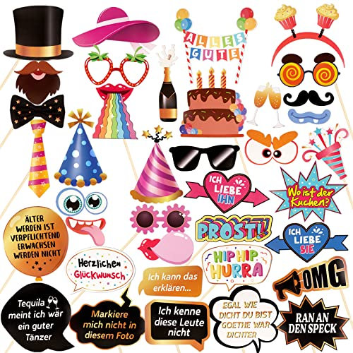 38 Stück Foto Requisiten Lustig Fotobox Accessoires Geburtstag Party Karneval Hochzeit Weihnachten Foto Booth Geschenk Deko für 18. 30. 40. 50. Geburtstagsfeier