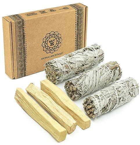 MUT22 3 Sauge Blanche et 3 Palo Santo Sacrés à Brûler - Herbes de Purification et d'Harmonie pour Spirituelle et Les Rituels Énergétiques