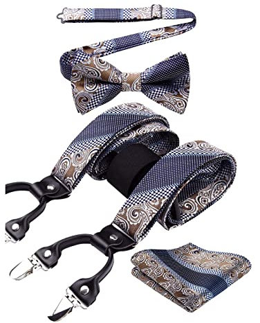 HISDERN Hosenträger Marine Blau Paisley Mit 6 Extra Stark Clips Fliege und Hosenträger Einstecktuch Set Klassische Verstellbar Y Form Elastisch Hochzeit Braces