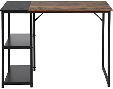Homy Casa Computertisch 100 cm Arbeitsschreibtisch mit Ablagefächern platzsparend für Home Office, schwarzer Metallrahmen, braune und Schwarze Tischplatte