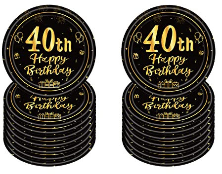 16 platos de papel desechables de 7 pulgadas, platos de papel desechables negros y dorados, fiestas, platos de papel de feliz cumpleaños 40, vajilla