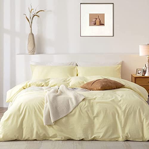 Lanqinglv Pastel Yellow Duvet Cover Set Double Bed Plain Bedding Set 120g Microfiber Breathable Quilt Duver Cover with Zipper Closure and 2 Pillowcases 50x75cm