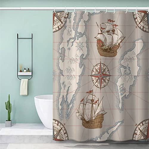 VASENA Duschvorhang Anti Schimmel 240x200 cm 3D Motiv Wasserdicht Shower Curtain Karte Retro-Pirat Segelboot Badewanne Vorhang Polyester mit 12 Haken