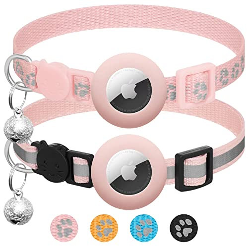 LAFAYI 2 Pack Collier Chat avec Accessoire Compatible avec Airtag Apple,Réfléchissant GPS Chat avec Anti étranglement,Réglable,GPS Airtag Non Inclus !(Rose)