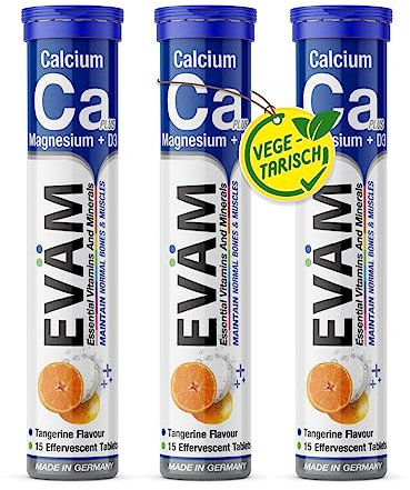 EVÄM Calcium Magnesium D3 Brausetabletten I Geschmack Mandarine I 3x 15 Stück I Nahrungsergänzungsmittel zur Unterstützung von Knochen und Muskeln I für Vegetarier geeignet I Made in Germany