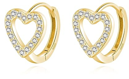 SLUYNZ en Argent Sterling CZ Coeur boucles d’oreilles Créoles pour Femmes Adolescentes Coeur Creux Petites Boucles d’oreilles Créoles Huggie (B-Gold)