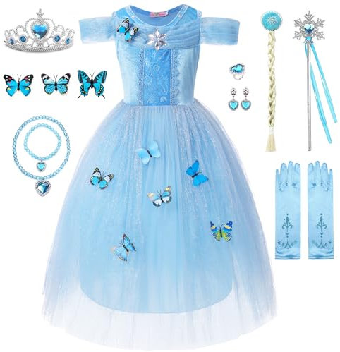 WIOLETA Blaues Prinzessin Kleid Mädchen Prinzessin Kostüm Mädchen mit Krone, Zauberstab, Ring, Ohrringen, Halskette, Armband, Schleife, Handschuhen für 3-8 Jahre
