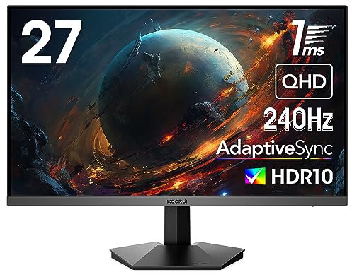 KOORUI 27 Pollici Gaming Monitor, 240 Hz, QHD 2560x1440p, 1 ms, HDR10, Gamma Cromatica DCI-P3 al 90%, Adaptive Sync, Compatibile con VESA 75x75mm, Nero