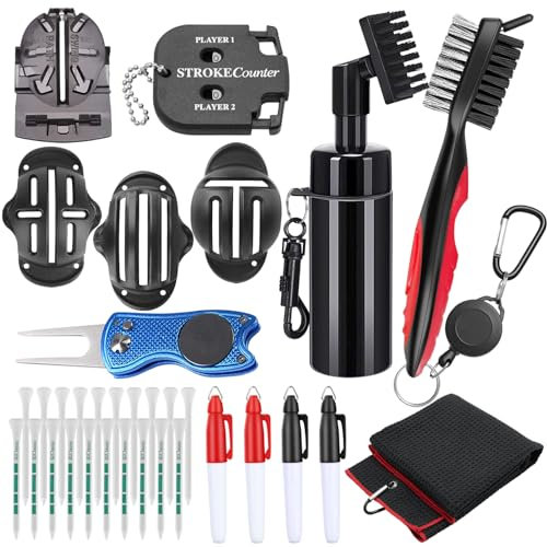 Yumzeco 33 teiliges Golfzubehör, Golfschläger Reinigungsbürste, Golf Mikrofasertuch, Golf Tees, GolfDivot Werkzeug, Golfball Ausrichtungswerkzeug, GolfMarkierungsstift, GolfMini Score Zähler