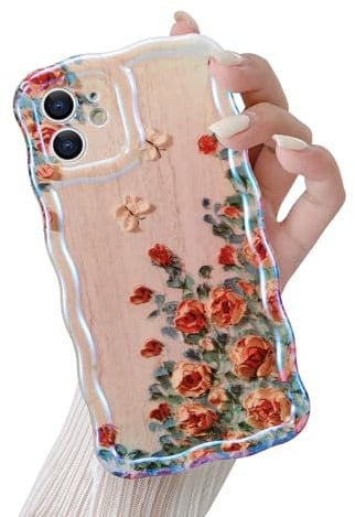QLTYPRI Bunte Vintage Ölgemälde Blume Hülle für iPhone 11 Handyhülle für Mädchen Frauen, Laserblume Lockiges Wellen Rahmenform Soft TPU Case Bumper Silikon Stoßfeste Schutzhülle - Beige