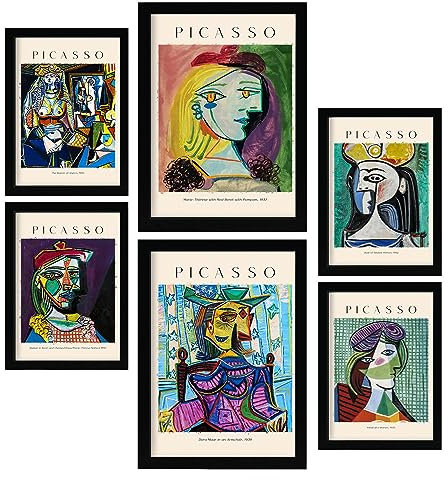 Nacnic Poster 6 set of Picasso 2 Sammlung von Kunstwerken, Dekorative Bilder für Ihr Wohnzimmer, Schlafzimmer, Zuhause. Wandkunst-Drucke. A4 and A3 with Black Frames