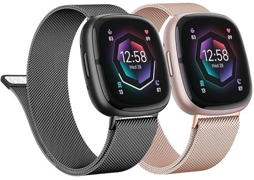 2 Stück Magnetic Armband kompatibel mit Fitbit Versa 4/Versa 3/Sense 2 Armband Herren Damen,Edelstahl armband Ersatzband Metall Uhrenarmband für Fitbit Versa 3/Sense 2/Versa 4 Armband,Schwarz/Roségold