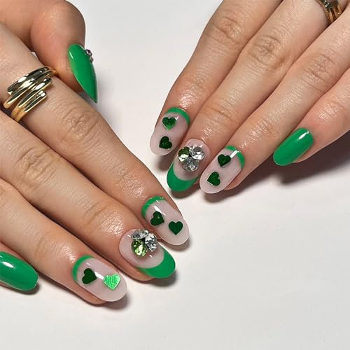 24pcs Short Oval False Nails French Tip Green Stick on Nails Heart Rhinestone Press on Nails Glue-on Nails Fake Nails Set Valentines Day Spring Women Brides Nail Art Accessories