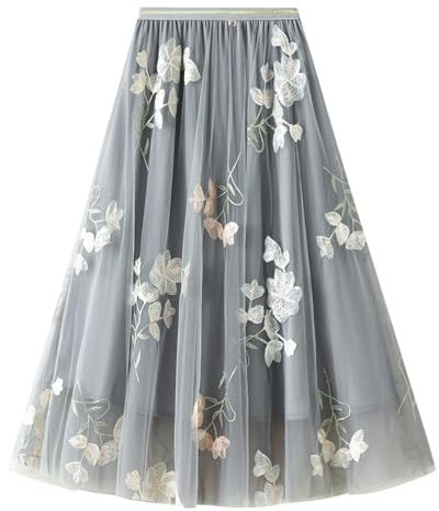 Odizli Tüllrock Damen Lang Sommer Elegant Vintage Blume Stickerei Elastisch High Waist A Linie Swing Rock Plisseerock Faltenrock Midirock Frauen Festlich Fee Tutu Röcke Grau-A Einheitsgröße