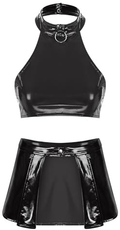 TiaoBug Damen Wetlook Dessous Set Sexy Neckholder Crop Top und Hohe Taille Skater Teller Glocken Rock Lack Leder Optik Gogo Raver Outfit Clubwear Schwarz Vorne Schlitz S