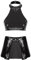TiaoBug Damen Wetlook Dessous Set Sexy Neckholder Crop Top und Hohe Taille Skater Teller Glocken Rock Lack Leder Optik Gogo Raver Outfit Clubwear Schwarz Vorne Schlitz S