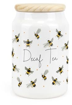 Purely Home Scattered Bees Ceramic Decaf Tea Storage Canister - Bumblebee Ceramic Kitchen Food Storage Container & Wooden Lid 600ml (14.5cm x 9.5cm)
