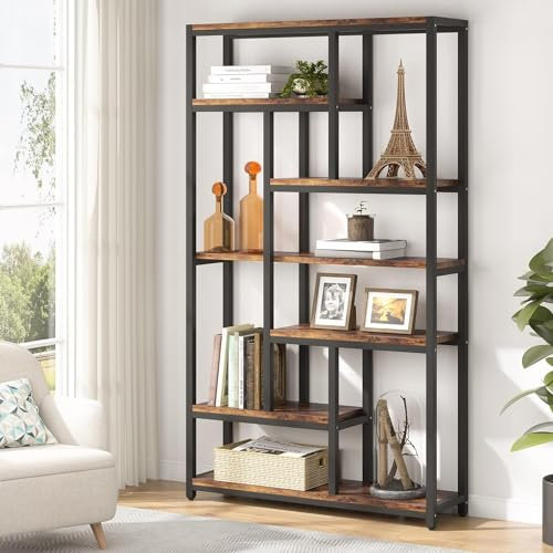 Tribesigns Bücherregal mit 7 Ebenen, Standregal mit Stahlrahmen, Freistehendes Regal für Wohnzimmer, Offenes Küchenregal, Standregal, Lagerregal für Büro, Schlafzimmer, Küche 200 x 100 x 30 cm,Braun