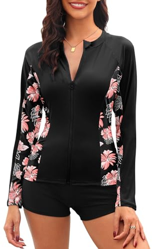 Tuopuda Haut de Maillot de Bain Femme à Manches Longues Tee Shirt Anti UV Rashguard UPF 50+ Rash Guard Cache-Maillots Fermeture Éclair Séchage Rapide Natation Surfing, Noir-B, XL