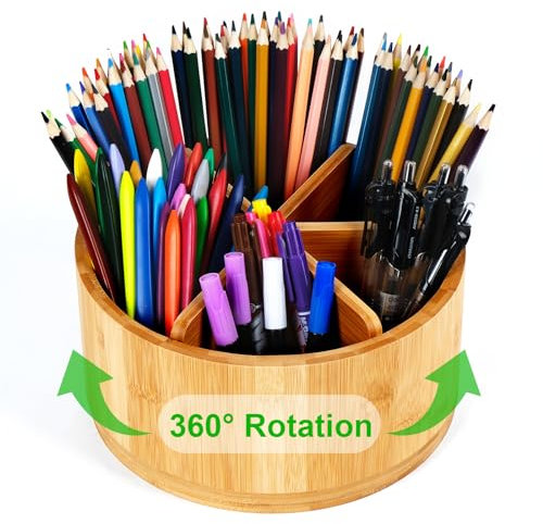 MUUKAIII Organiseur de bureau rotatif à 360° en bambou, porte-crayons, avec poignée, organiseur de table, 6 compartiments surdimensionnés, organisateur de maquillage, porte-crayons pour enfants