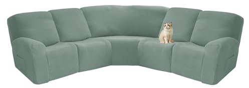 HonunG 7-teilige L-förmige Sofabezug für 4-Sitzer und 1 Ecksitz, Stretch-Jacquard-Liegebezug, Sofabezug für Liegeposition, L-Form, 5-Sitzer, Ecksofa Möbelschutz (Grün)