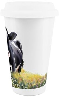 Friesian Cow Ceramic Travel Mug - Black & White Cow Floral Field Reusable Silicone Lid Double-Walled Insulated Hot/Cold Drinks Tea Coffee Gift Mug