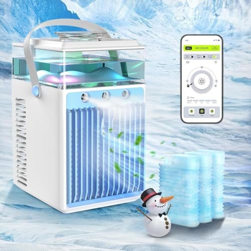 Aire Acondicionado Portátil, 800ML Mini Enfriador de Aire Portátil con Control de Aplicación,4 en 1 USB Recargable con 6 Cajas de Hielo, Mini Aire Acondicionado para el Hogar, Oficina