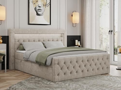 MKS MEBLE Boxspringbett 180x200 mit Led Beige, Bett Polsterbett 180x200 mit LED Kopfteil, Multipocket Matratze H3, Doppelbett mit Bettkasten Stauraumbett - Gold-9 - Beige Struktur