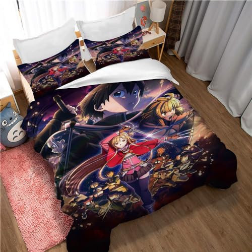 Bettwäsche-Bettbezug-Set Sword Art Online, 3-teiliges Bettbezug-Set Aus Weichem Mikrofaser-Schlafzimmer Mit 2 Kissenbezügen, Für Jugendliche Und Erwachsene (135x200cm,SAO 04)