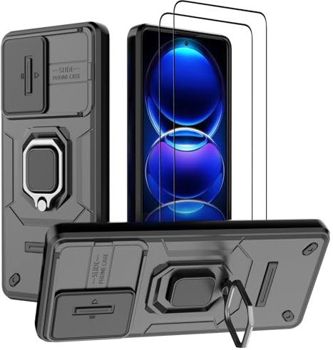 DERHAN Coque pour Xiaomi Redmi Note 12 Pro Plus, Housse avec Verre Trempé [2 Pièces] + Couvercle de Caméra Coulissant, Coque Antichoc avec Béquille - Noir
