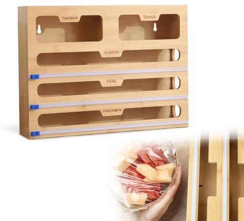 Lotvic 5 in 1 Cling Film Dispenser and Cutter, Foil and Plastic Wrap Organizer with Cutter, Wall-Mount Bamboo Tin Foil Holder Compatible with 35cm Rolls for Cling Film Tin Foil Parchment Paper