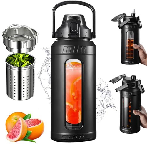 Botella de Agua de Vidrio con Tapa de Paja, Botella de Agua de Vidrio Grande de 1500 ml/50oz con Vidrio Grande con Filtro de té, Botella de Agua motivadora con Mango para Gimnasio, Deportes, entrenam