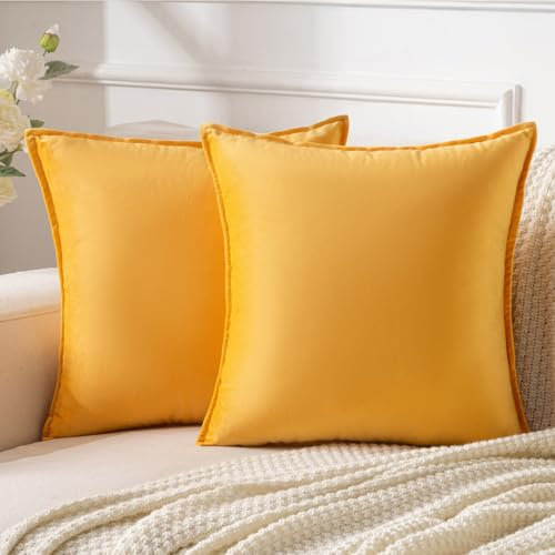 Samt Kissenbezug Flansch Kissenhülle Sofakissen Modern Dekokissen Couchkissen Umwickelte Kante Kissenbezüge Weicher Dekorativer Kissenbezug für Sofa Wohnzimmer Schlafzimmer 50x50cm 2er Set Goldgelb