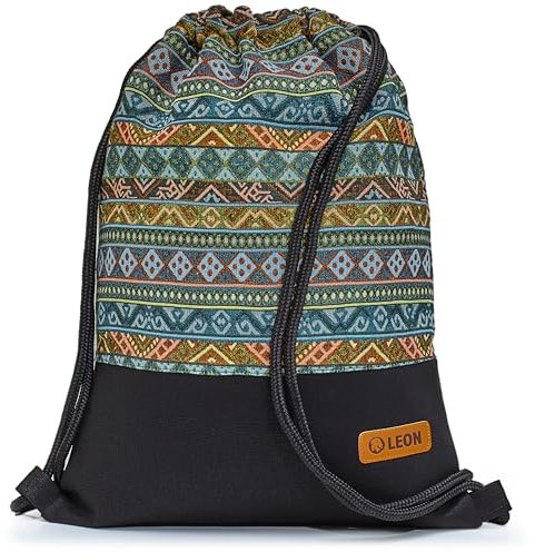 By Bers Leon großer Premium Turnbeutel mit Innentaschen Rucksack Tasche Damen Herren Teenager Gym Bag Draw String 45x34cm für Sport Reise Alltag Einkauf (TB_Boho_Schwarz_015)