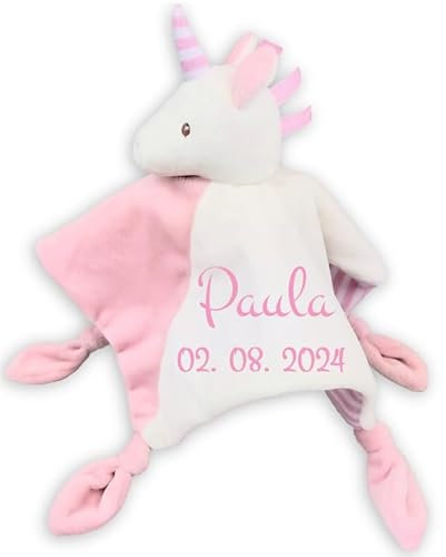 Wuff-Dogsworld Baby Kuscheltuch VIELE Modelle mit Namen Bestickt Geschenk Taufe Geburt Schmusetuch Schnuffeltuch Trösterchen Junge Mädchen (Einhorn 1)