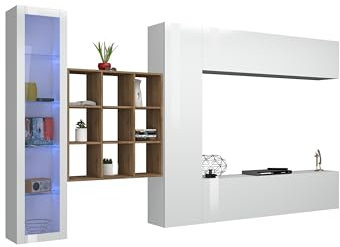 Wohnwand >Benevent< 5-teilig, aus melaminharzbeschichteter Spanplatte, in Weiß Hochglanz, bestehend aus 1 Vitrine, 1 Schrank, 1 TV-Lowboard, 1 Klapphängeschrank, 1 Hängeregal - 350x180x30 (BxHxT)
