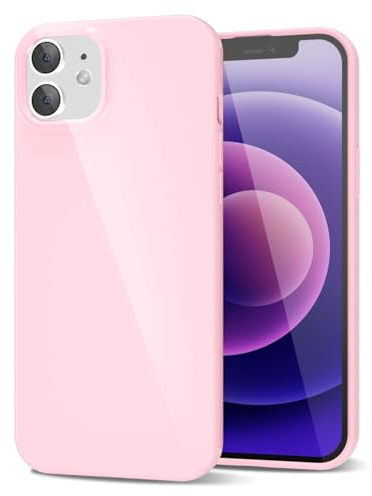 LoeoeL for iPhone 12 Mini Phone Case Liquid Silicone, Cute Girly Thin Ultra Slim Jelly Soft Rubber Gel Protective Glossy Hard Plastic Case, Plain Solid Color Cover for Women Girl, Light Pink