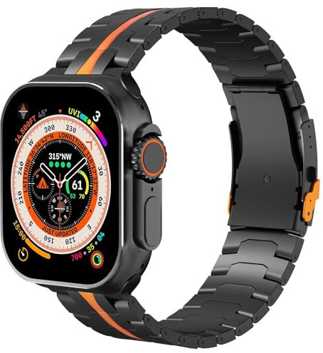 SEURE Titan Armband Kompatibel Mit Apple Watch Ultra 2/Ultra 49mm, Serie 10 46mm, 9/8/7 45mm, SE2/6/SE/5/4 44mm, 3/2/1 42mm - Edelstahl Gliederarmband Sport Ersatzarmbänder (Schwarz/Orange)